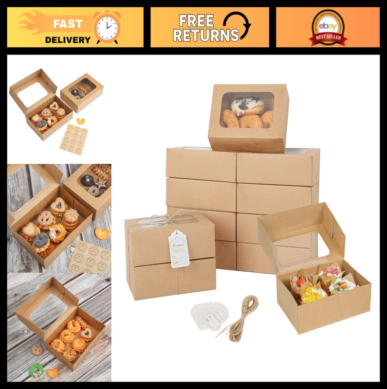 24 Pcs Brown Cookie Boxes with Window – Gift Packaging for Cookies, Cupcakes, Do