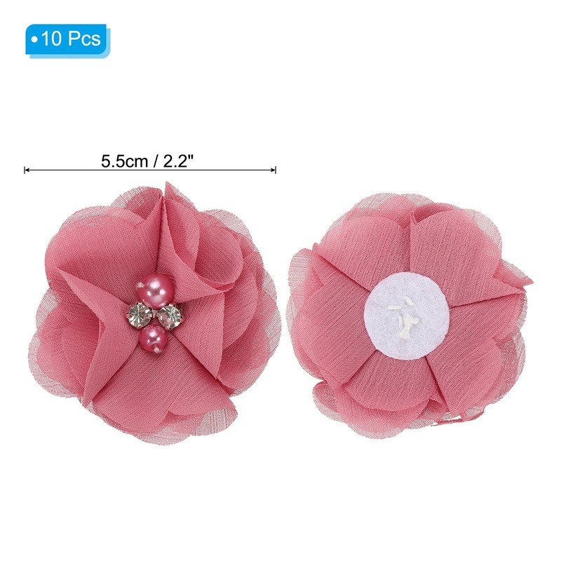 10Pcs 2" Chiffon Flowers with Rhinestone Pearl Appliques Decorate Light Red gallery