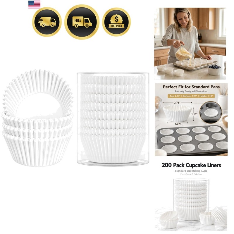 200 Count Non-stick Standard White Cupcake Liners, Food-grade Parchment Muffi…