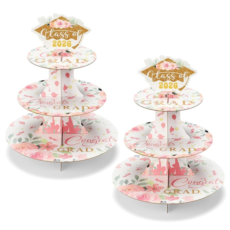 2 Set 3 Tier Floral Graduation Cupcake Stand for 24 Cupcakes Pink Gold Gradua…