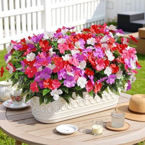 Bundles Artificial Impatiens Flowers Faux Silk Plant for 8 Redwhitepurplerosy gallery