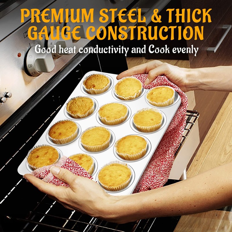 E-far Muffin Pan 12-Cup, Set of 2, Stainless Steel 13.7”x10.4”x1.25”, Silver gallery
