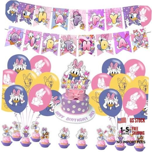 Daisy Duck Party Decoration Set – Movie Theme Banner, Cake Topper, Latex