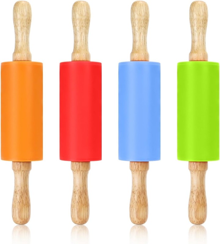 4 Pack 9″ Mini Rolling Pin for Kids Wooden Handle Non-Stick Silicone Baking