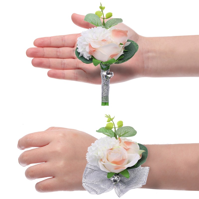 Rose Flower Wrist Corsage and Boutonnieres Set for Wedding Prom, White Pink
