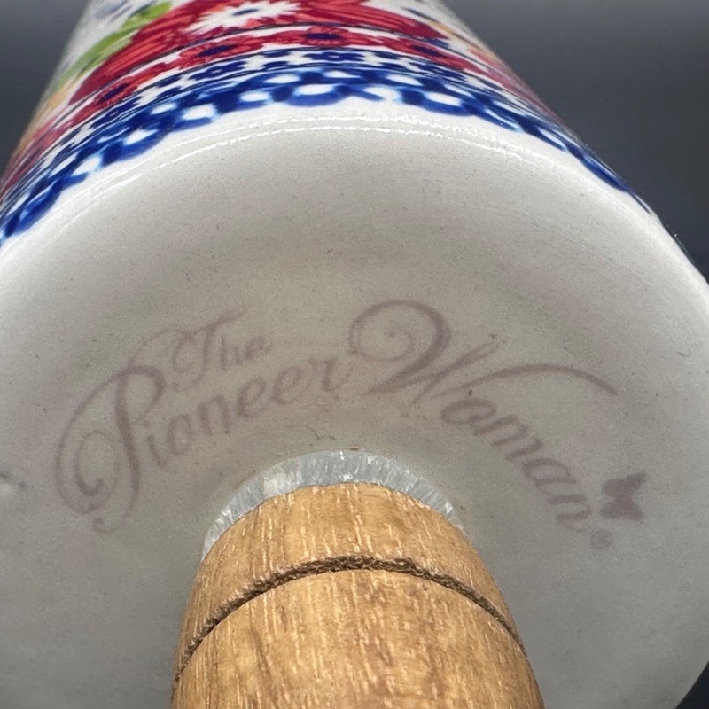 Pioneer Woman Ceramic Rolling Pin Dazzling Dahlias Retired Acacia Wood Handles gallery
