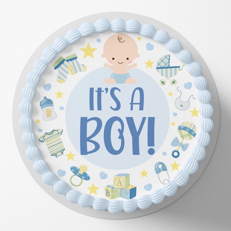 Baby Boy Shower Pre-cut Round Edible Cake Topper