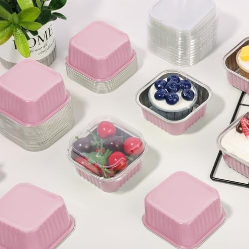 50 Pcs Aluminum Foil Mini Square Baking Cups with Lids,5oz Disposable Pink gallery