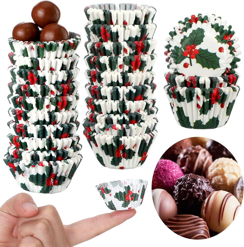 600 Pcs Holly Mini Cupcake Liners 1.3in Muffin Candy Baking Cups Christmas gallery