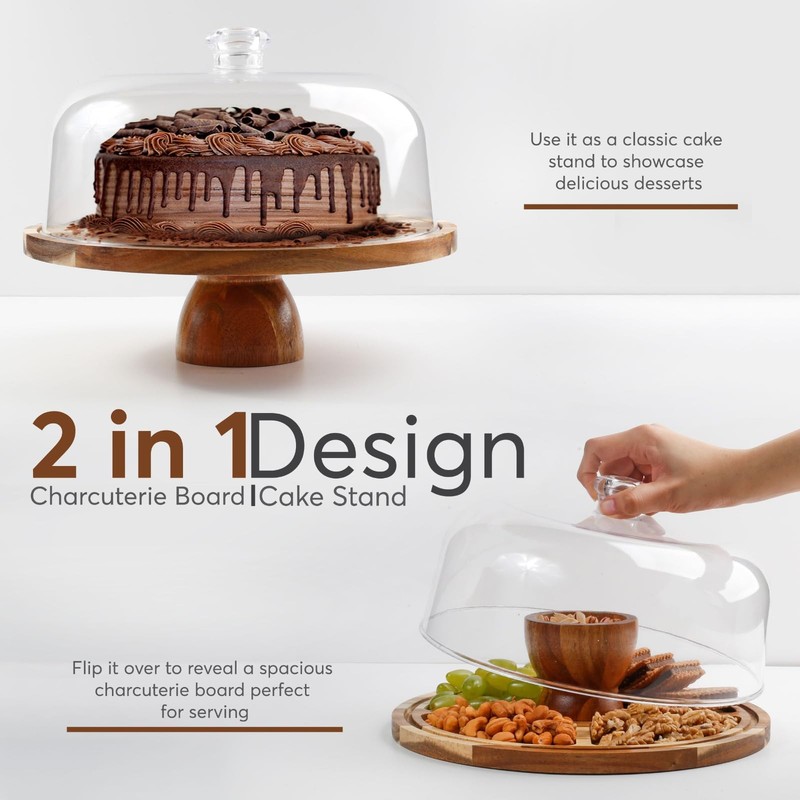 2-in-1 Acacia Wood Cake Stand with Lid, Cake Stand with Acrylic Dome Light We... gallery