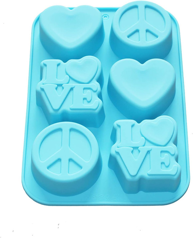 Love Heart Peace Sign Soap Bar Mold Cake Jello Supplies Silicone Pan 6-Cavity 3O