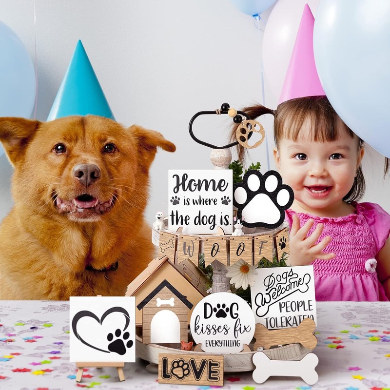 Geelin 16 Pcs Dog Tiered Tray Decor Set Wooden Rustic Paw gallery