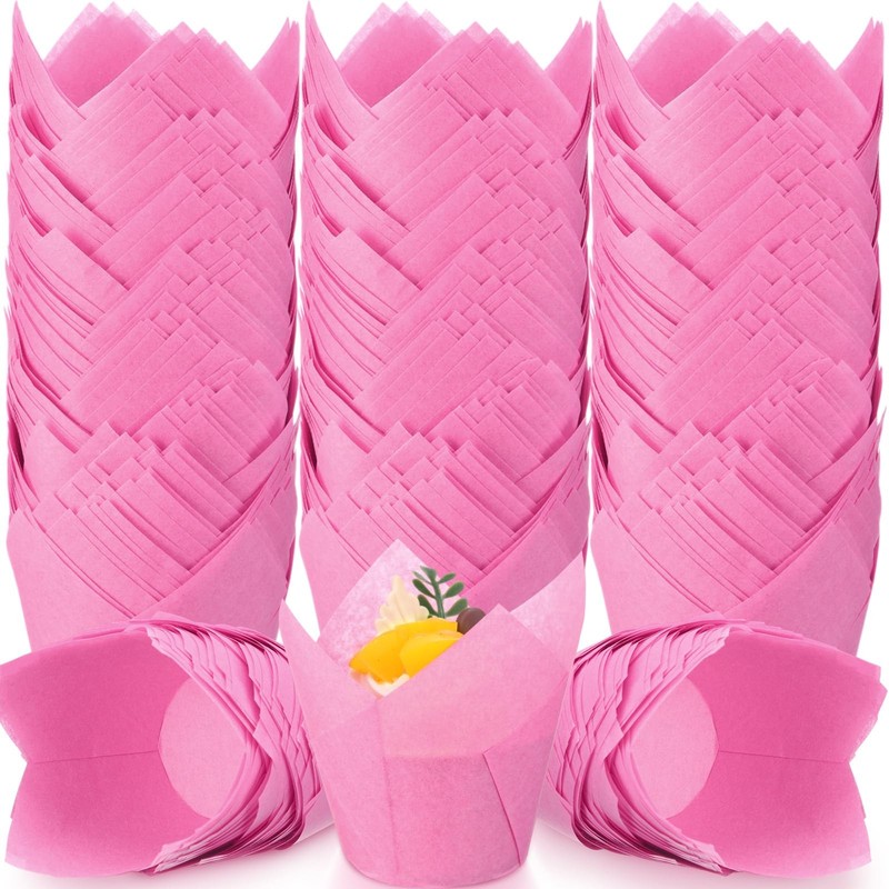 600 PCS Tulip Cupcake Liners Baking, Muffin Printed Cups Greaseproof Hot Pink