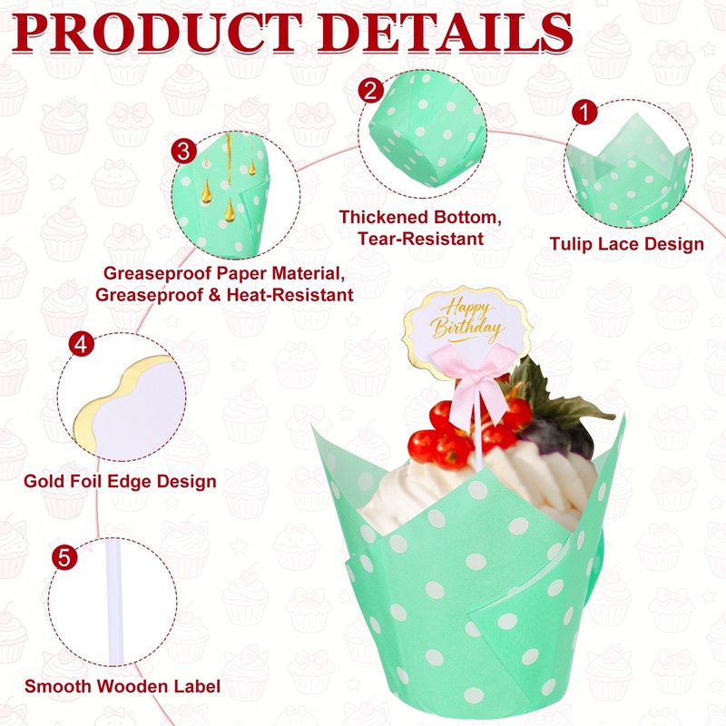 100Pcs Tulip Cupcake Liners with 10Pcs Cheese Markers Polka Dot Liners, Green gallery