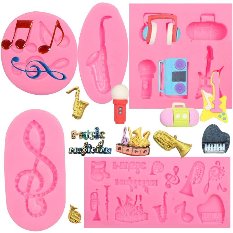 Music Note Fondant Mold 4 Pcs, Musical Instruments Chocolate Silicone Mold Pi…
