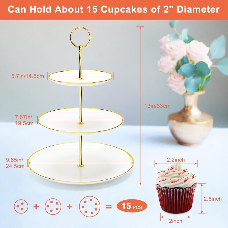 Round Cupcake Stand 3 Tier, Plastic Serving Tray, Shower, White Gold gallery