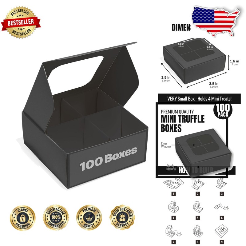 Durable 100 Black Mini Treat Boxes 3.5″ Square Window Gift Box