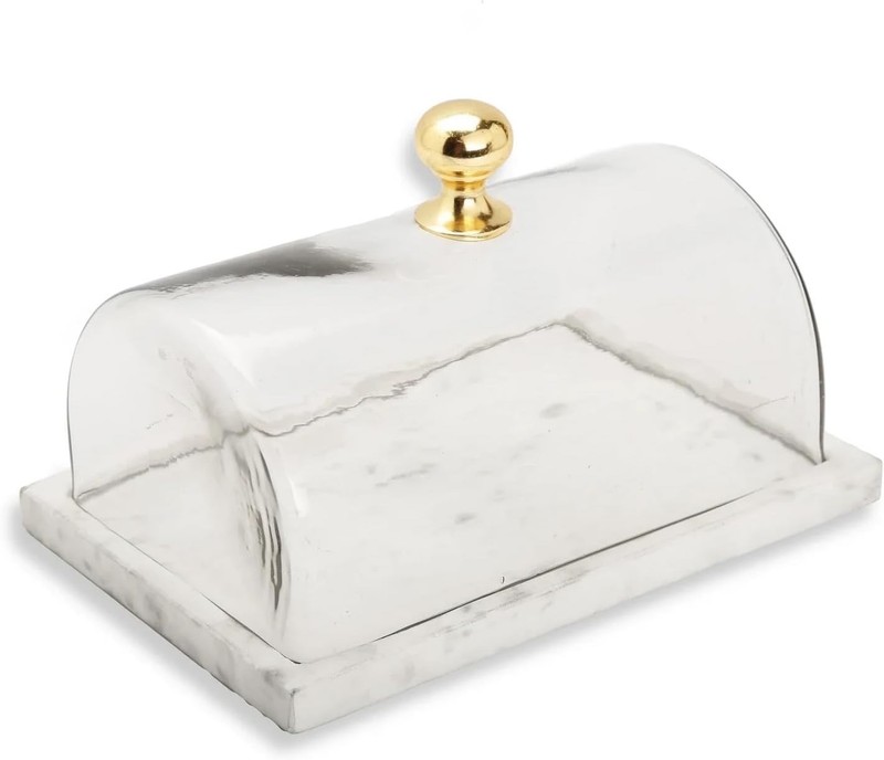 Classic Touch Rectangular Marble Cake Dome with Gold Knob