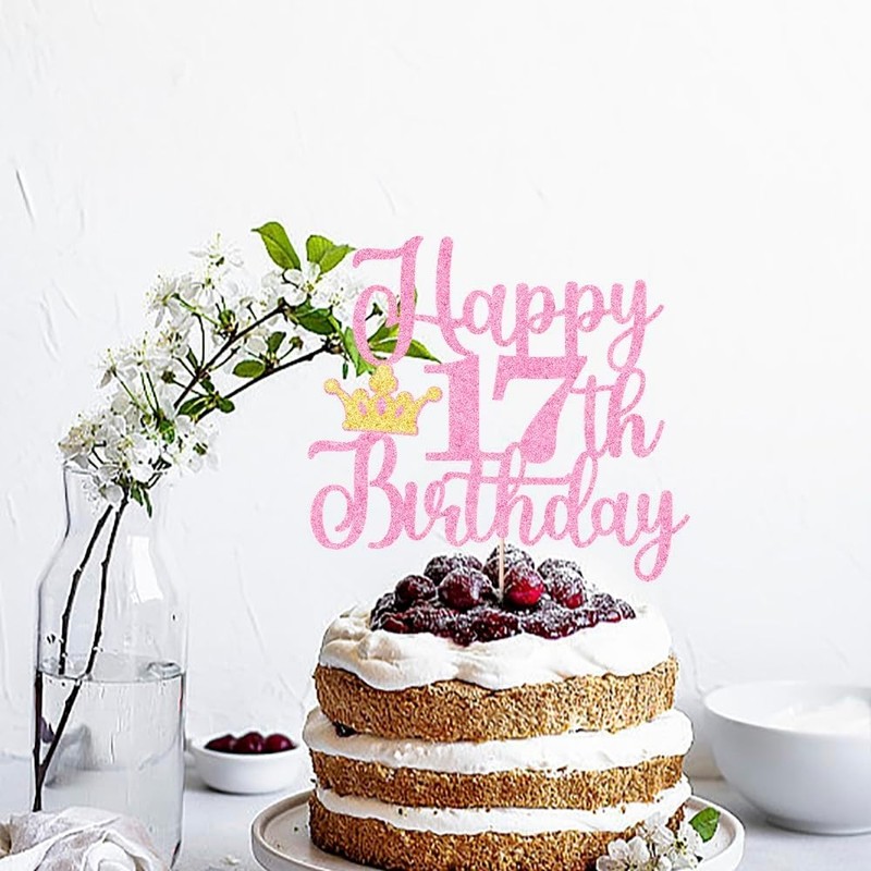 Crown Happy 17th Birthday Cake Topper,Hello 17，Cheers to 17Years,17 years old gallery