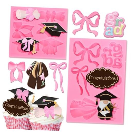 2 Packs 2026 Grad Graduation Bow Fondant Molds Congrats Grad Cap Bowknot