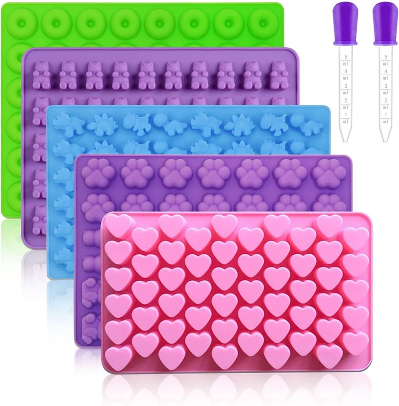 Silicone Gummy Molds Set of 5 Candy Molds with 2 Droppers for Convenient Fillin