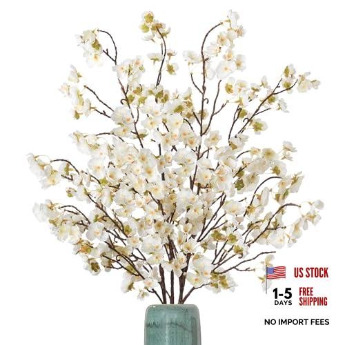 4 Pcs Artificial Cherry Blossom Flower Branches, Bulk Silk Faux White-mrz