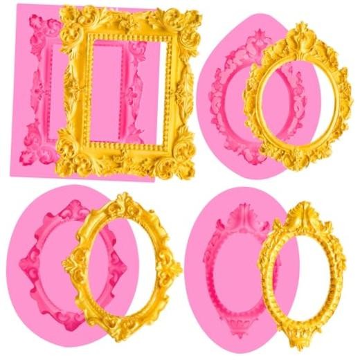 4PCS Baroque Frame Mold, Pictures and Mirrors Silicone Fondant Photo Frame
