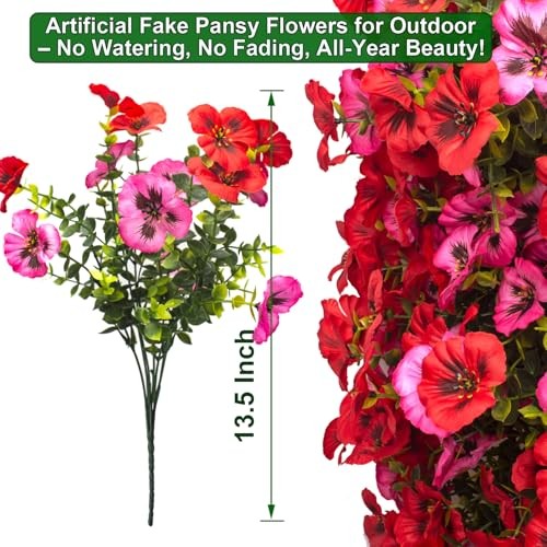 Grunyia Fake Pansy Flowers 16Pcs Artificial Silk Flowers UV Resistant Red+pink gallery