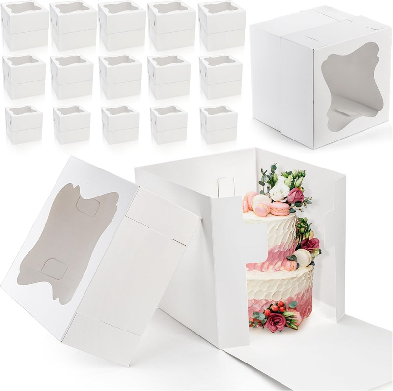 15 PCS Tall Cake Boxes, Square Cake Box with Window in 3 Sizes 12X12X12 10X10X10