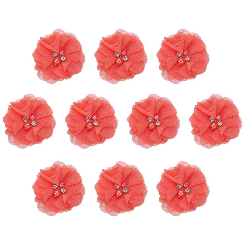 10Pcs 2″ Chiffon Flowers with Rhinestone Pearl Appliques Decorate Rose Red