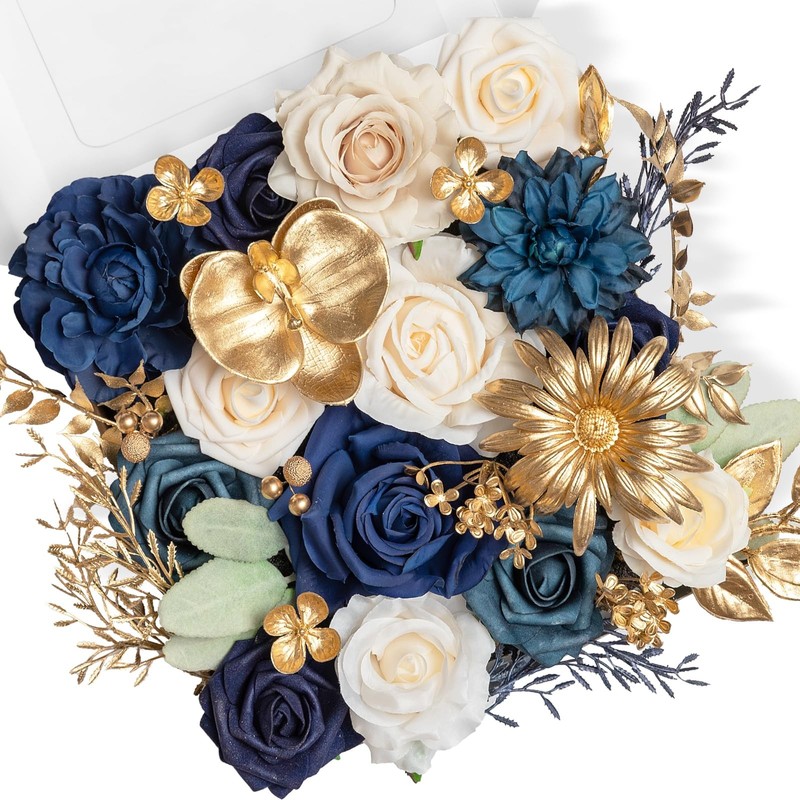 TINGE TIME Navy Blue Artificial Roses Faux Flowers Bulk Wedding Bridal Decor DIY