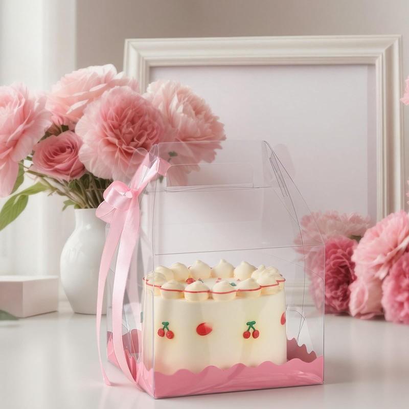15 PCS Clear Cake Boxes 6x6x8.3 Inch Bakery Gift Transparent Pink Ribbon gallery