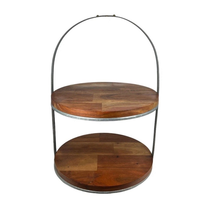 HEARTH & HAND MAGNOLIA Round Two Tier Wood & Galvanized Metal Cake Stand