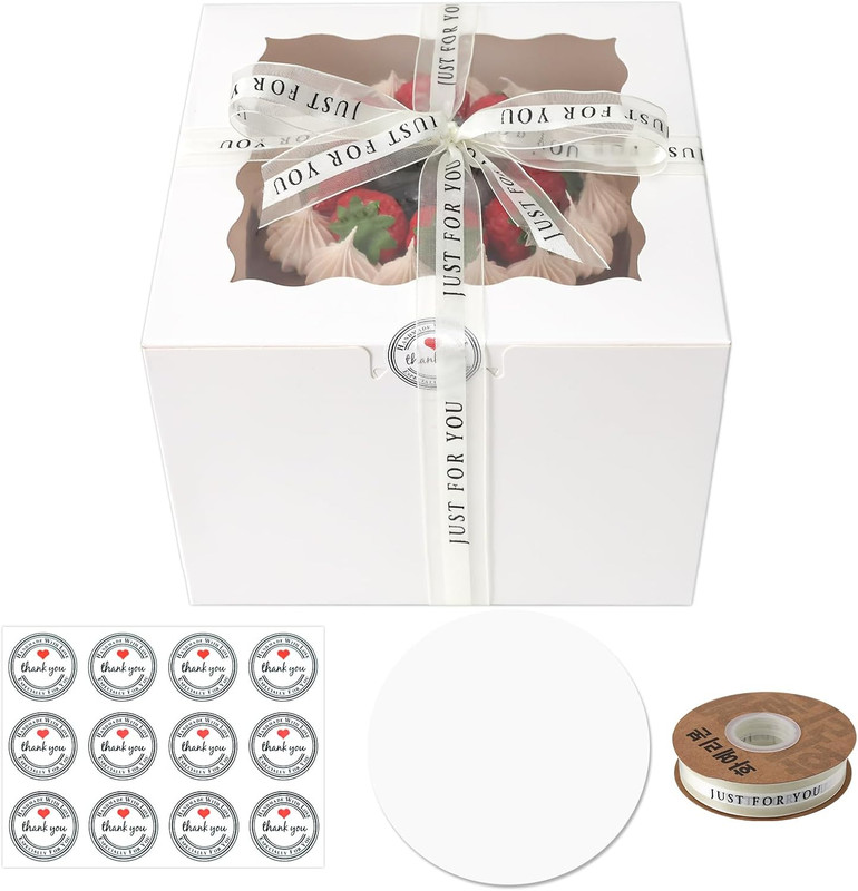 6X6X5 Cake Box, 28 Sets White Cake Box with Window ＆ 28Sets 6″ Cake round Boards