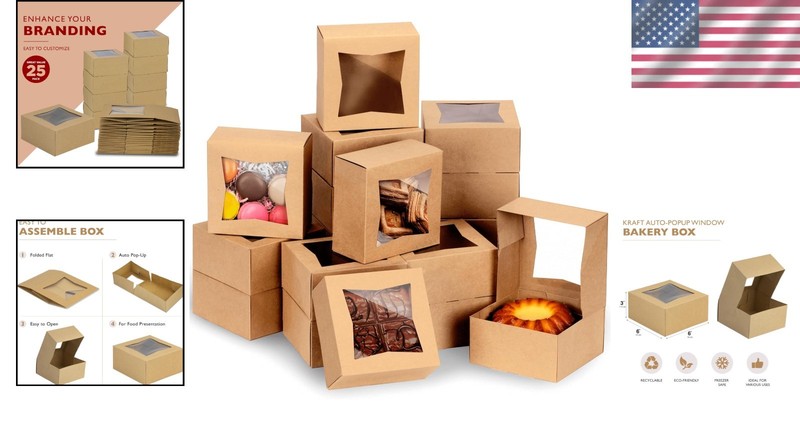 Cookie Boxes with Window, 6x6x3in Brown Bakery Boxes for Treats, Small Cake, ... gallery