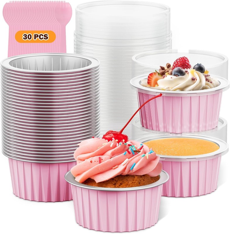 30 Pcs Mini Cake Pans with Lid, 5oz Round Aluminum Foil Baking Cups, Disposable