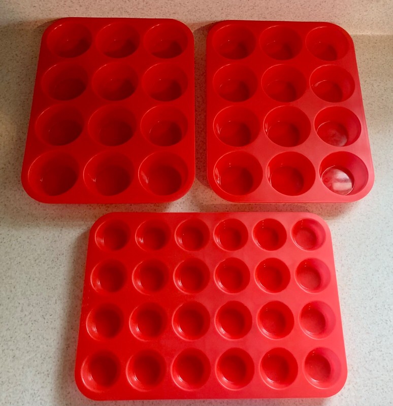 Set of 3 Silicone Muffin/ Cupcake Baking Pan 2 12 Cup & 1 24 Cup Red