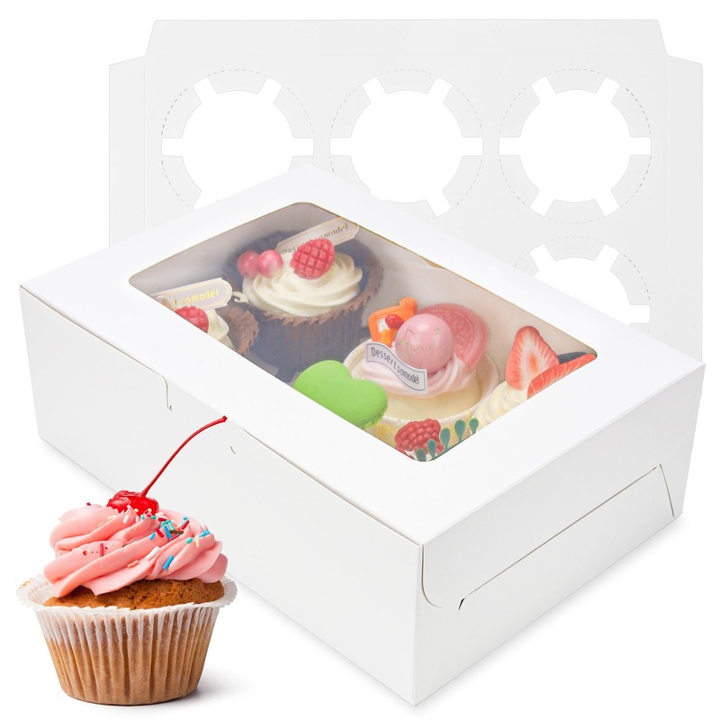 30 Pack Cupcake Boxes Inserts 6 Holders White Bakery Window Muffin Treat