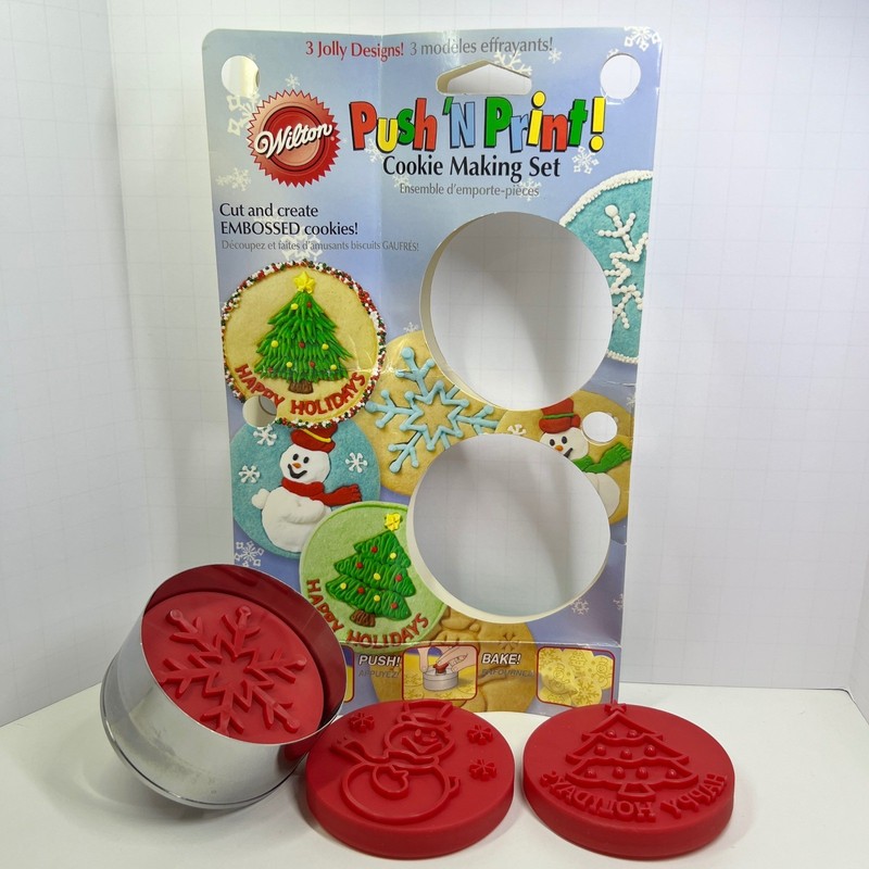 Wilton Push N Print Cookie Making Set Holiday Christmas Tree Snowman Snowflake gallery