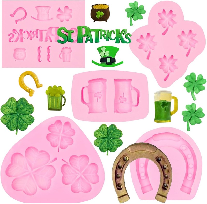 5Pcs St. Patrick’s Day Silicone Molds, Shamrock four leaf 5 pcs molds(LC104)