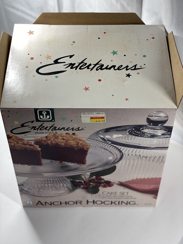 Anchor Hocking Entertainers Glass Domed Footed Cake Set Stand - USA made - NIB gallery