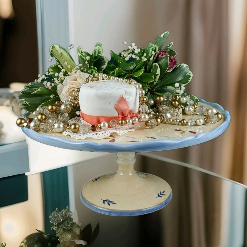 Waverly Provence Footed Cake Plate - Rooster, Floral Scroll, Blue Trim gallery