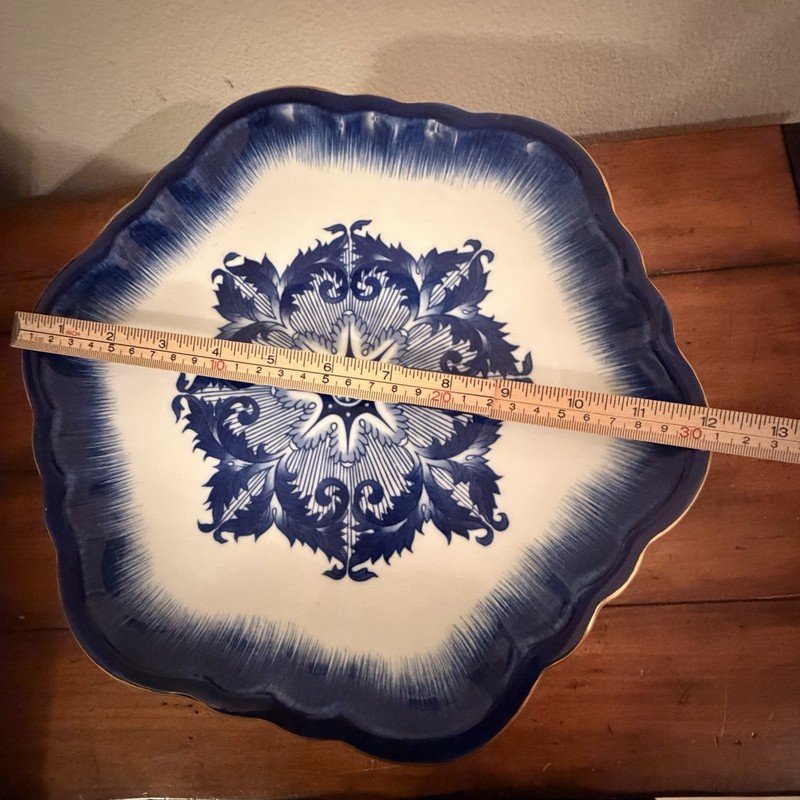 Vantage Bombay Pedestal Cake Stand Plate Scalloped Blue White Gold Trim 12" gallery