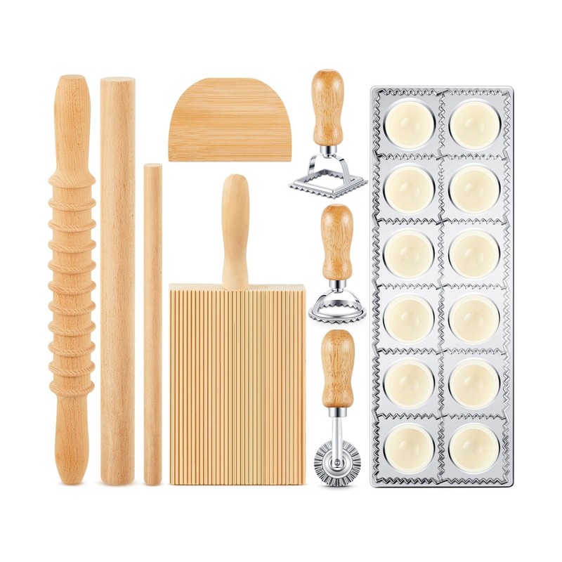 Tioncy 9 Pcs Pasta Making Tool Set Wood Gnocchi Board with Ravioli Mold Ravio...