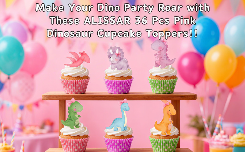 36 Pcs Pink Dinosaur Cupcake Toppers - Dino Cake Toppers for Girls Birthday, gallery