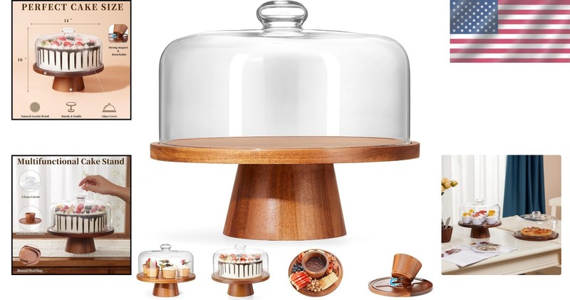 11-Inch Removable Glass Dome Acacia Cake Stand – Centerpiece for Any Occasion gallery