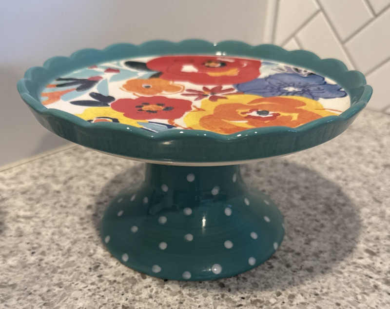 Pioneer Woman Flea Market Floral Polka Dot Cake Stand Decor EXCELLENT 8” X 4.25” gallery
