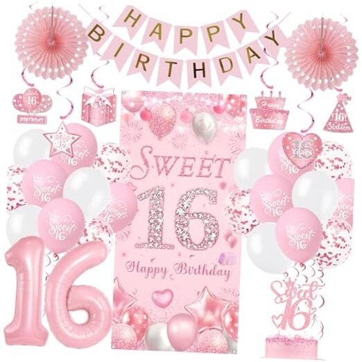 Sweet 16 Party Decorations for Girls – 39pcs Pink 16th Birthday Pink Sweet 16