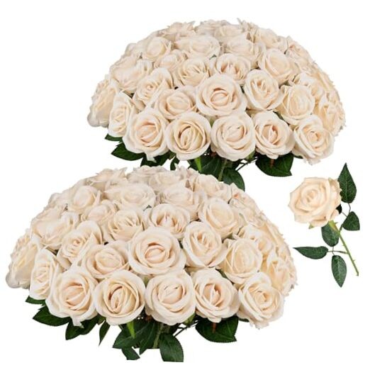 PCS Roses Velvet Realistic Artificial Flowers with Bendable Stems 48 Champagne