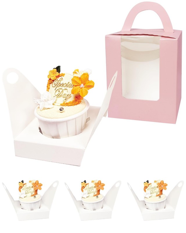 60 PCS Pink Individual Cupcake Boxes with Window 3.7x3.7x4.3 Inch Carrier gallery